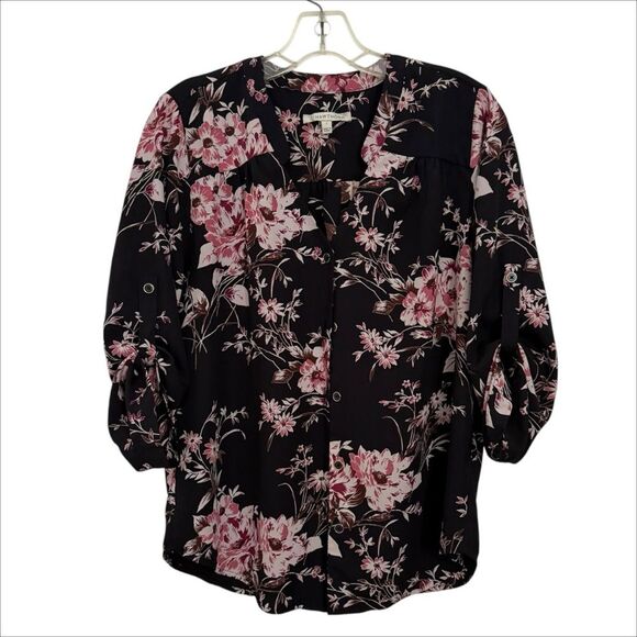 41 Hawthorn Black Floral Roll Tab Sleeve Button Down Shirt - Picture 2 of 8